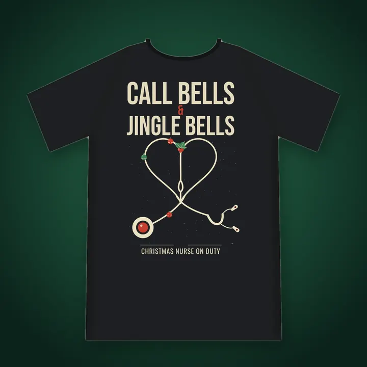 Call Bells and Jingle Bells Christmas nurse tee with a stethoscope heart