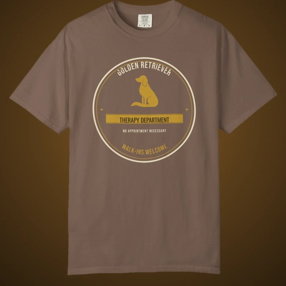 Retriever Therapy Department tee: a sitting retriever badge, no appointment necessary, walk-ins welcome