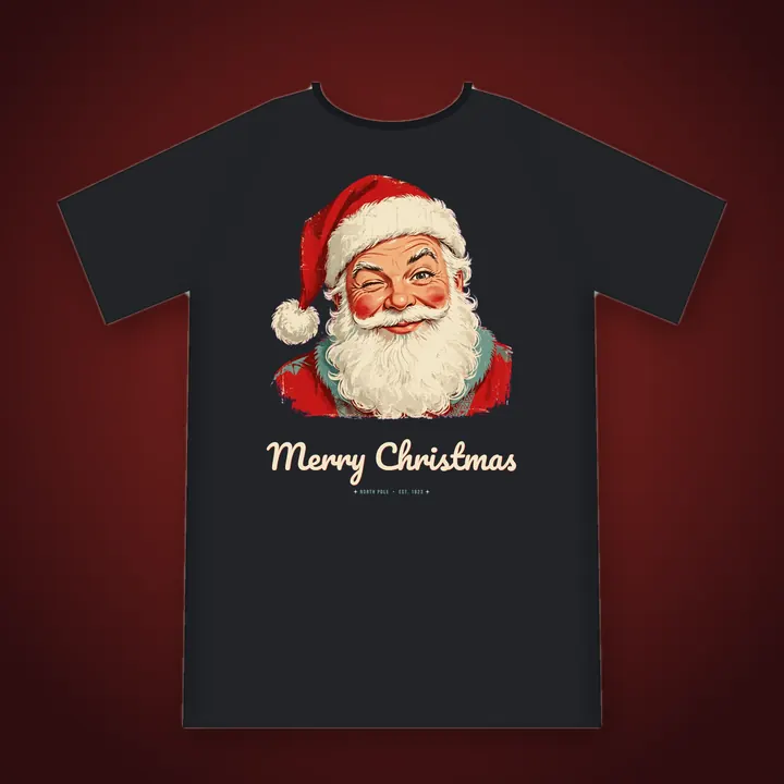 Sly Santa tee: a winking vintage Santa Claus face over Merry Christmas