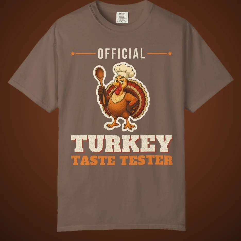 Official Turkey Taste Tester tee: a chef-hat turkey holding a wooden spoon